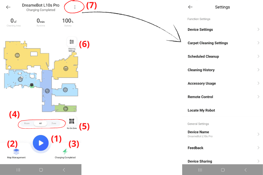 Набор функций приложения Dreame L10s Pro на стартовой странице.